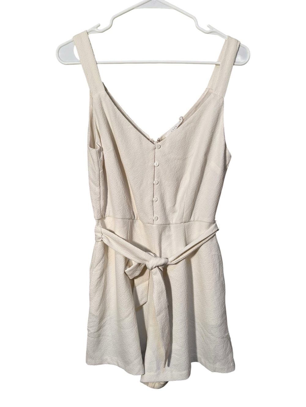 Lush Women’s Size Small Romper Sleeveless V-Neck Ivory White Button Belted Zip